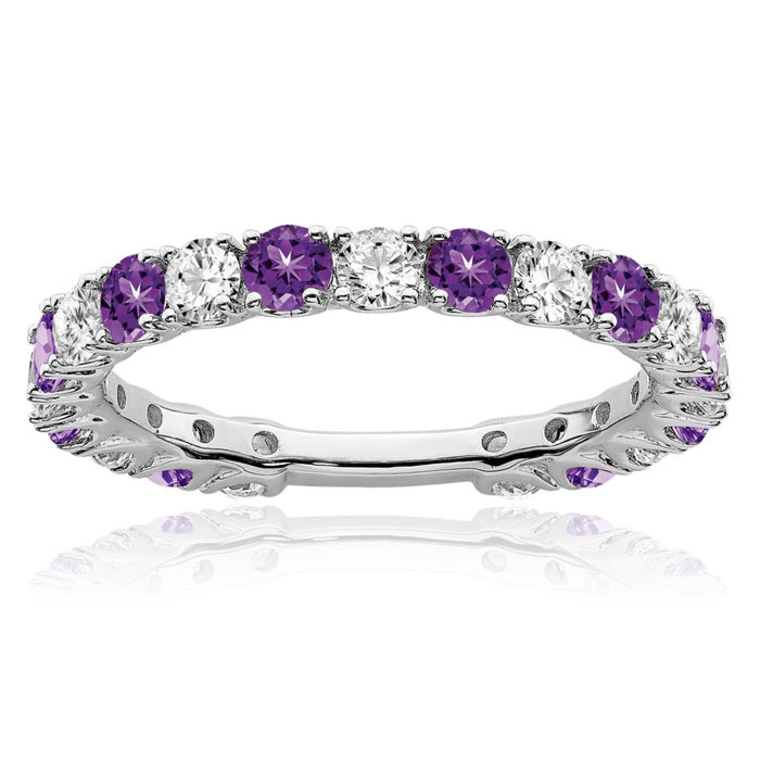 14K Solid White Gold Purple Amethyst Diamond Ring Gemstone Band February Birthstone Jewelry