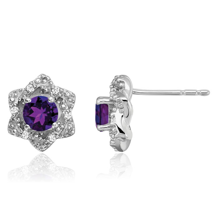 14K Solid White Gold Purple Amethyst Diamond Stud Earrings February Birthstone Jewelry