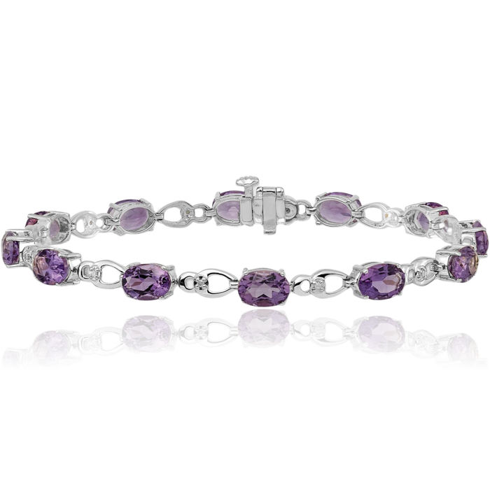 14K Solid White Gold Purple Amethyst Diamond Chain Gemstone Tennis Bracelet