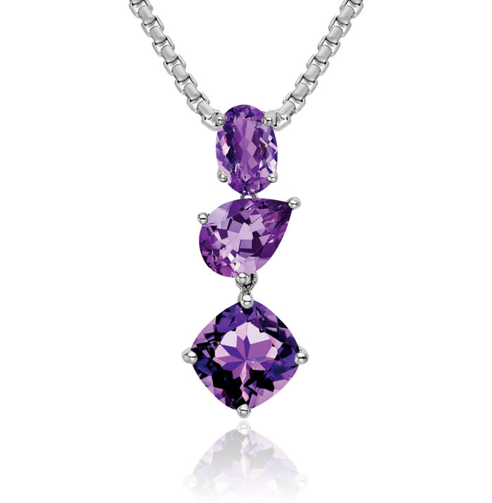 14K Solid White Gold Purple Amethyst Floating Chain Slide Gemstone Pendant Necklace Charm