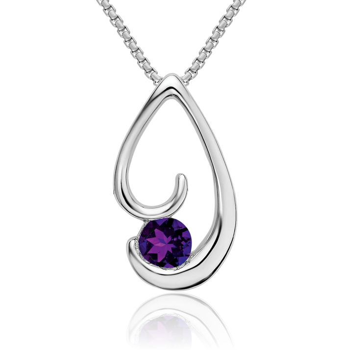 14K Solid White Gold Purple Amethyst Floating Chain Slide Gemstone Pendant Necklace Charm