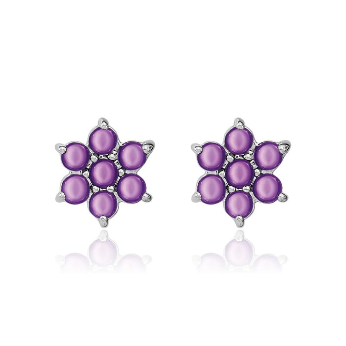 14K Solid White Gold Purple Amethyst Flower Stud Earrings February Birthstone Jewelry