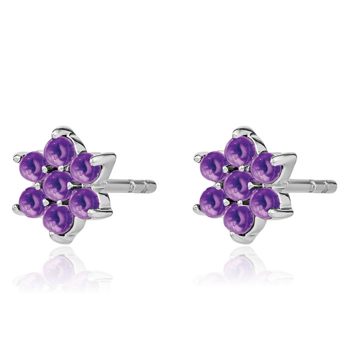 14K Solid White Gold Purple Amethyst Flower Stud Earrings February Birthstone Jewelry