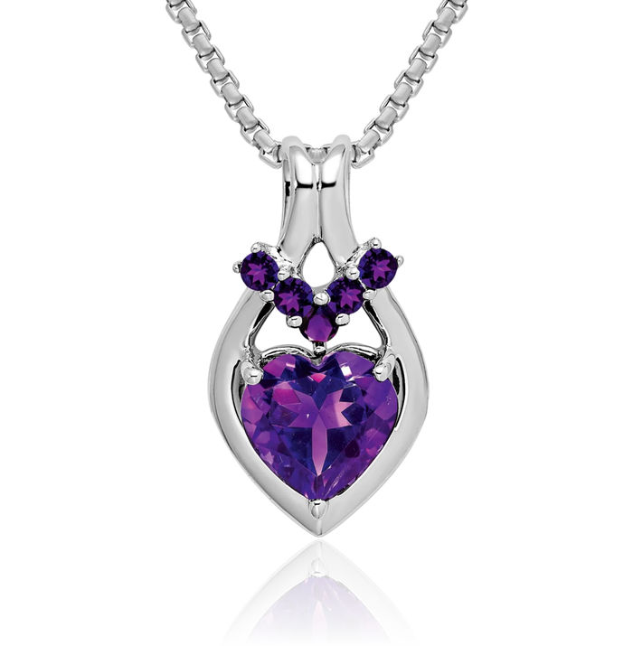 14K Solid White Gold Purple Amethyst Heart Necklace Charm Gemstone Pendant