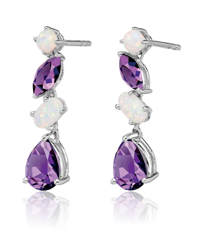 14K Solid White Gold Purple Amethyst Opal Drop Dangle Earrings Pear Teardrop Gemstone February Birthstone Jewelry