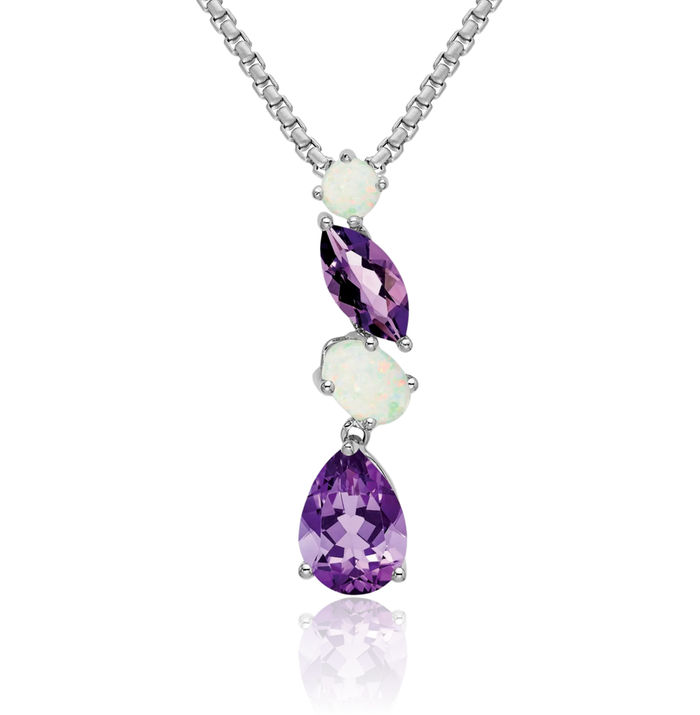 14K Solid White Gold Purple Amethyst Opal Floating Chain Slide Gemstone Pendant Necklace Charm