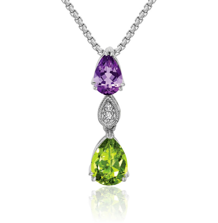 14K Solid White Gold Purple Amethyst Green Peridot Diamond Floating Chain Slide Gemstone Pendant Necklace Charm