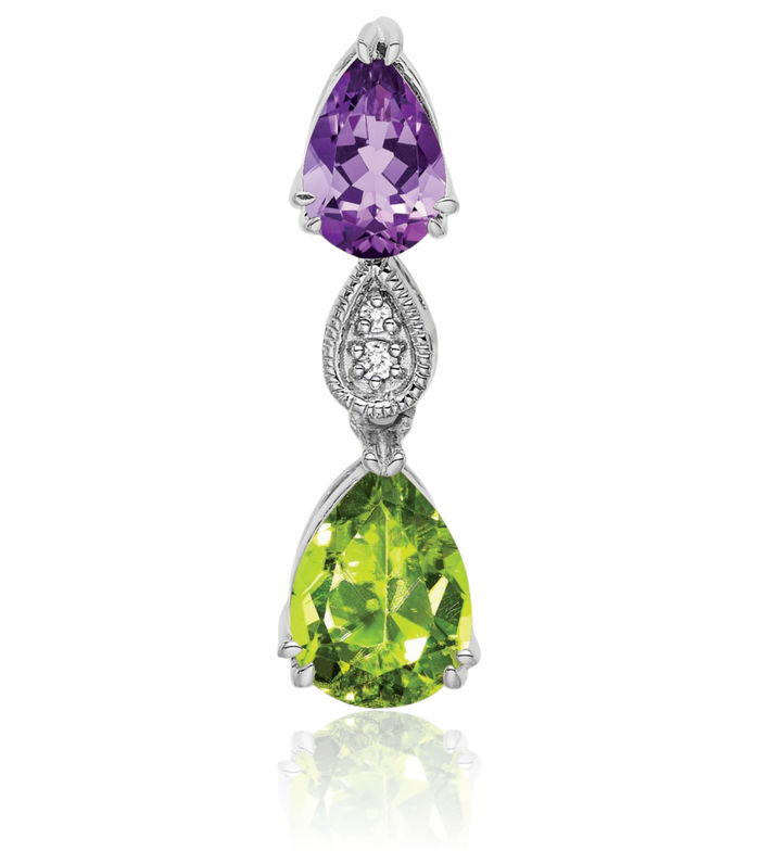 14K Solid White Gold Purple Amethyst Green Peridot Diamond Floating Chain Slide Gemstone Pendant Necklace Charm