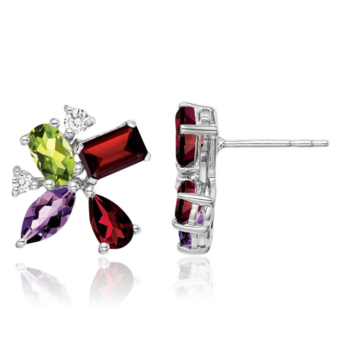 14K Solid White Gold Purple Amethyst Green Peridot Red Garnet Diamond Studs Gemstone Earrings