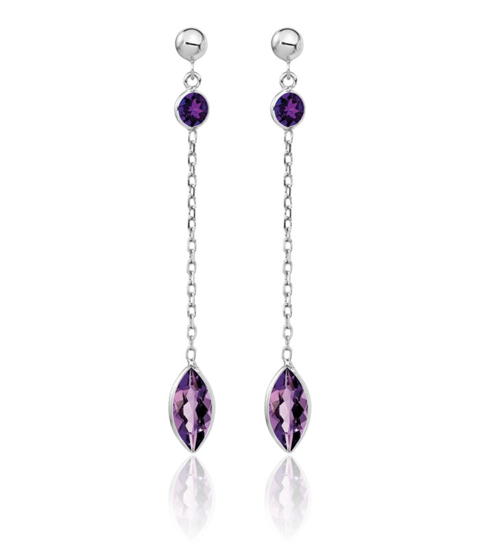 14K Solid White Gold Purple Amethyst Post Drop Dangle Earrings February Birthstone Jewelry