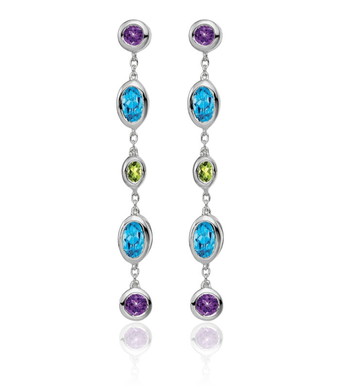 14K Solid White Gold Purple Amethyst Swiss Blue Topaz Green Peridot Drop Dangle Earrings Gemstone Post Push Back