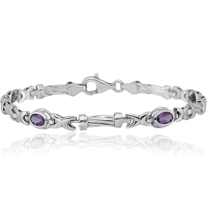 14K Solid White Gold Purple Amethyst Chain Gemstone Tennis Bracelet