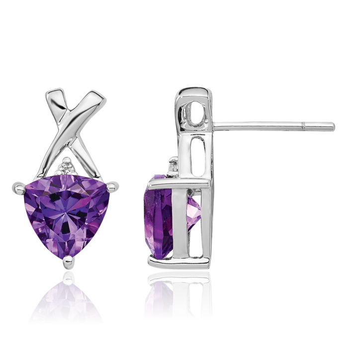 14K Solid White Gold Purple Amethyst Topaz Trillion Drop Dangle Earrings February Birthstone Jewelry