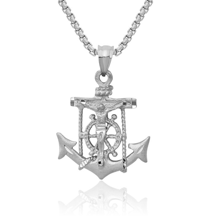 14K Solid White Gold Anchor Mariner Holy Cross Necklace Religious Chain Pendant Jesus Christ Nautical Charm