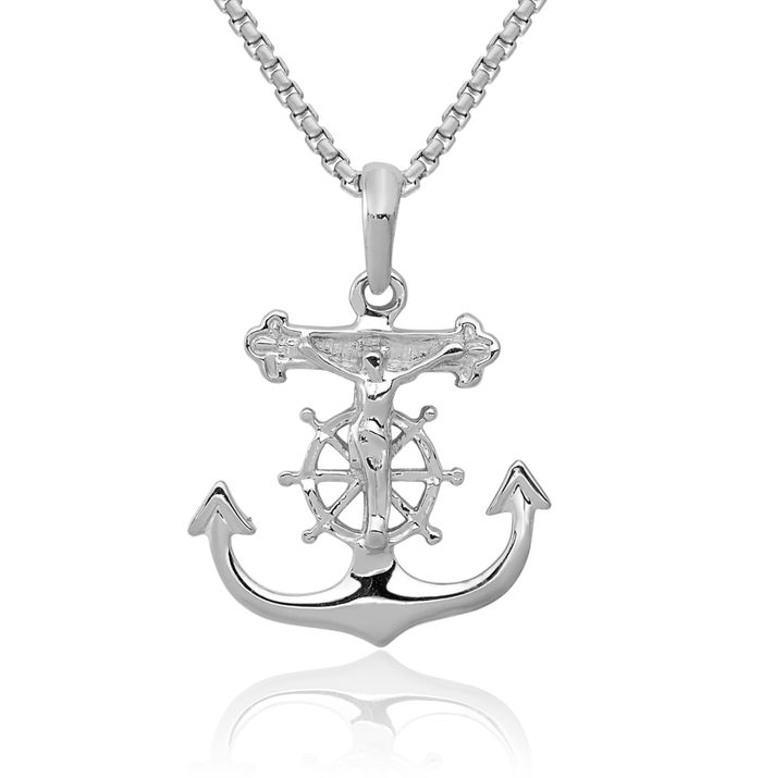 14K Solid White Gold Anchor Mariner Holy Cross Necklace Religious Chain Pendant Jesus Christ Nautical Charm