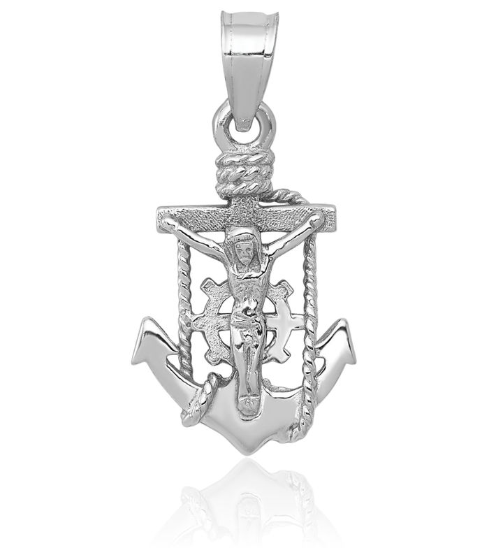 14K Solid White Gold Anchor Mariner Lord Jesus Christ Crucifix Holy Cross Necklace Religious Chain Pendant Nautical Charm