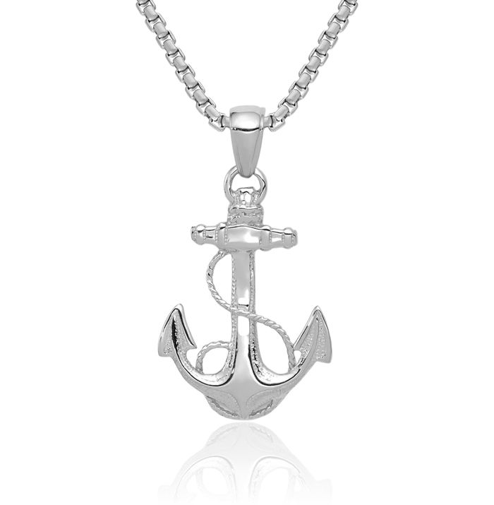 14K Solid White Gold Anchor Mariner Necklace Nautical Charm Pendant