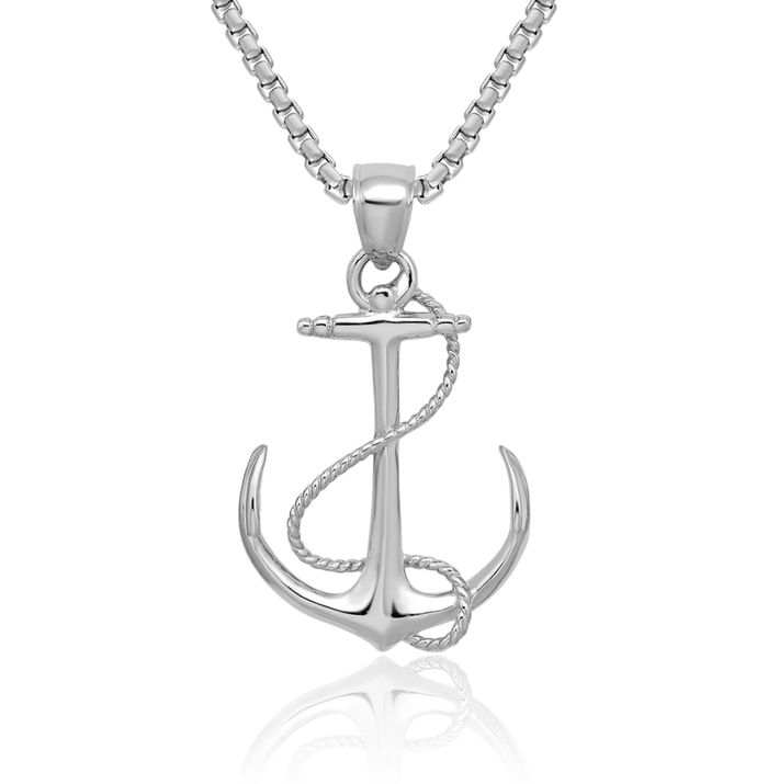 14K Solid White Gold Anchor Mariner Rope Necklace Nautical Charm Pendant