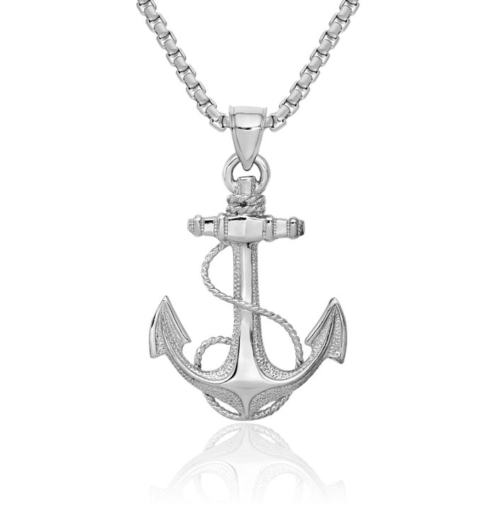 14K Solid White Gold Anchor Mariner Rope Necklace Nautical Charm Pendant