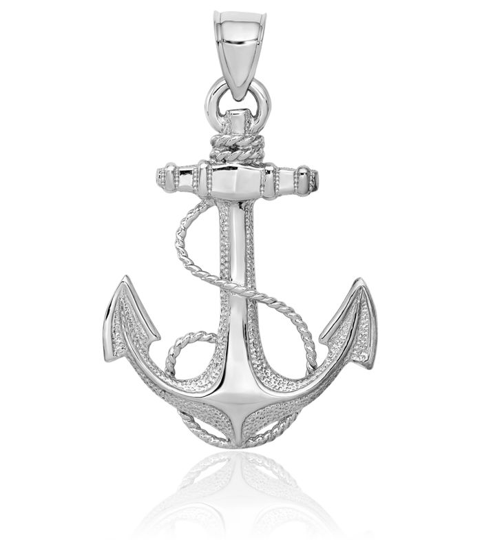 14K Solid White Gold Anchor Mariner Rope Necklace Nautical Charm Pendant