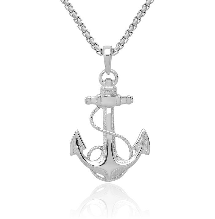 14K Solid White Gold Anchor Mariner Rope Necklace Nautical Charm Pendant