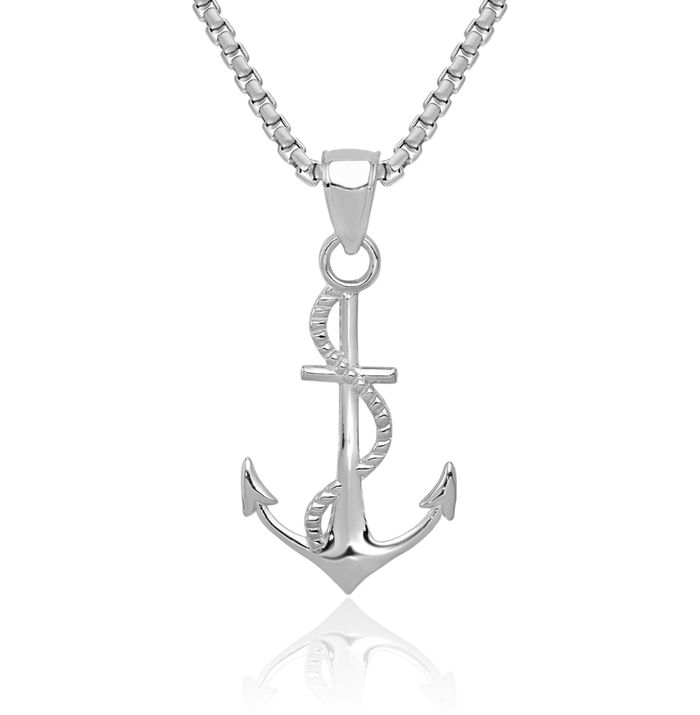 14K Solid White Gold Anchor Mariner Rope Necklace Nautical Charm Pendant