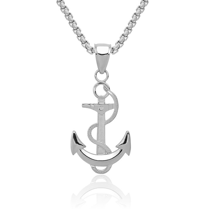 14K Solid White Gold Anchor Mariner Rope Necklace Nautical Charm Pendant