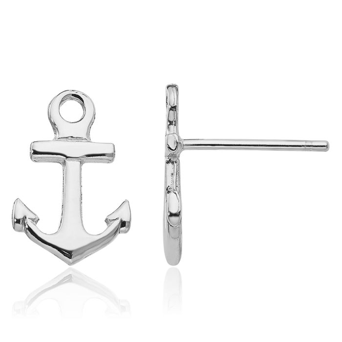 14K Solid White Gold Anchor Mariner Stud Earrings