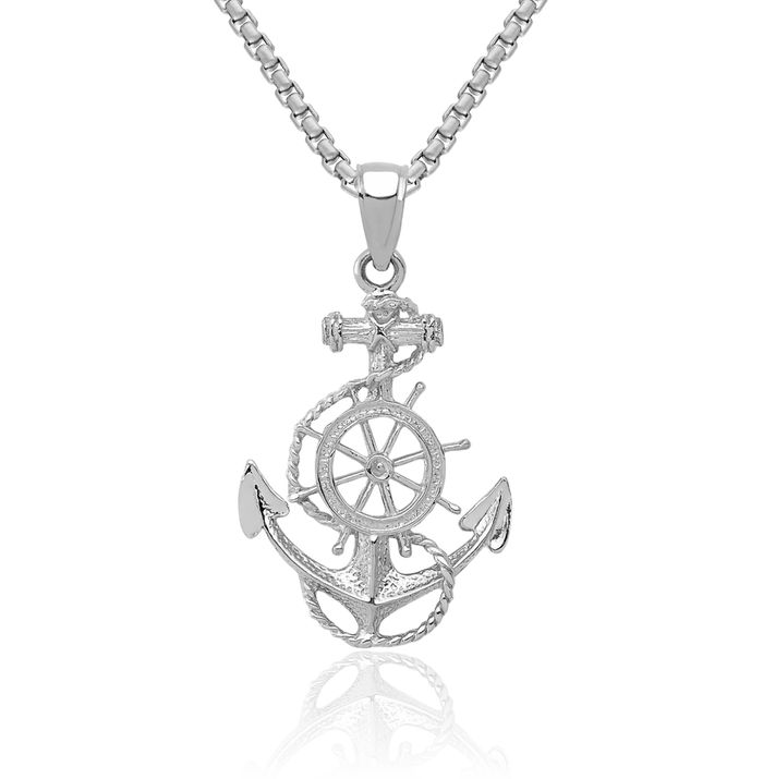 14K Solid White Gold Anchor Mariner Wheel Necklace Nautical Charm Pendant