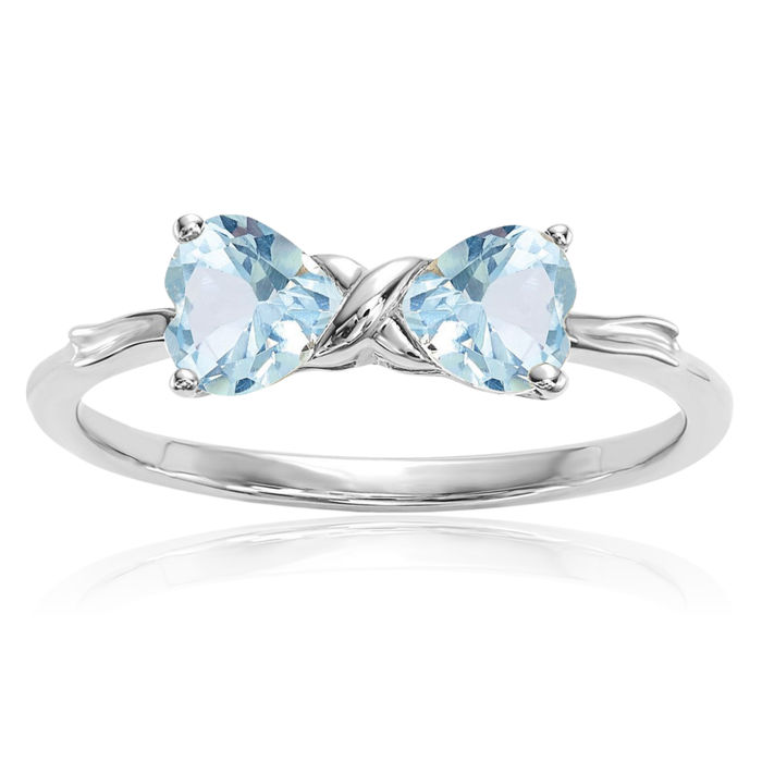 14K Solid White Gold Blue Aquamarine Bow Heart Ring Love Band March Birthstone Jewelry