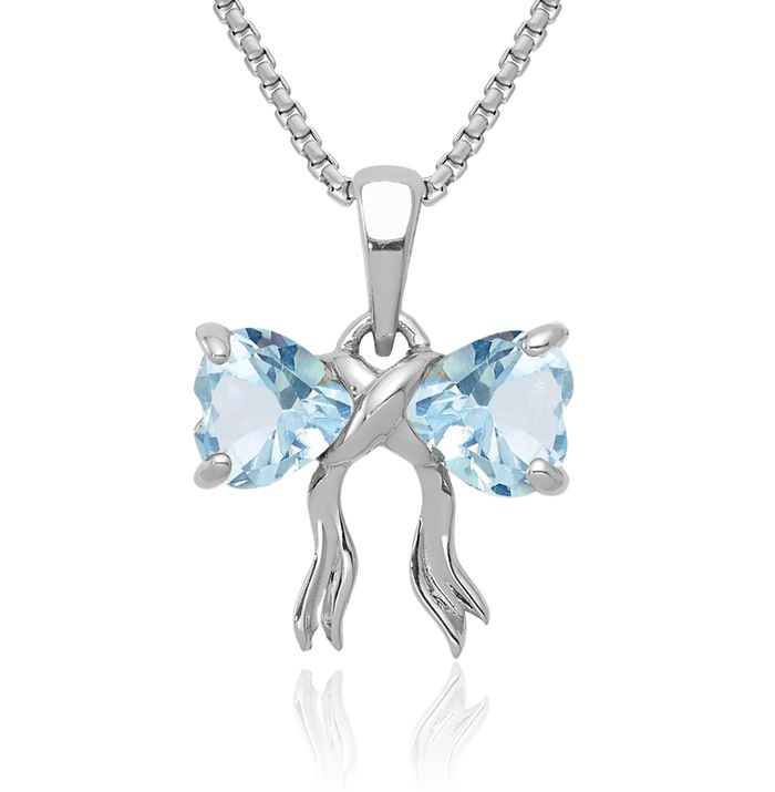 14K Solid White Gold Blue Aquamarine Bow Necklace Heart Gemstone Pendant Charm March Birthstone Jewelry