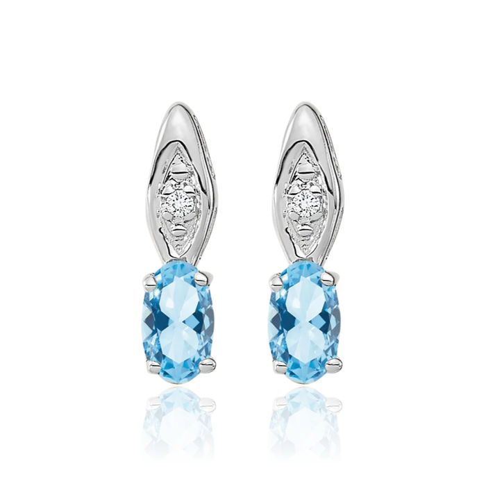 14K Solid White Gold Blue Aquamarine Diamond Drop Dangle Earrings March Birthstone Jewelry