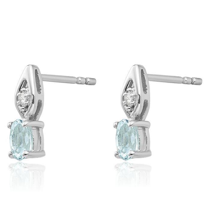 14K Solid White Gold Blue Aquamarine Diamond Drop Dangle Earrings March Birthstone Jewelry