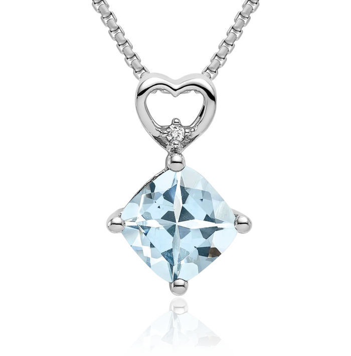 14K Solid White Gold Blue Aquamarine Diamond Heart Floating Chain Slide Gemstone Pendant Necklace Charm March Birthstone Jewelry