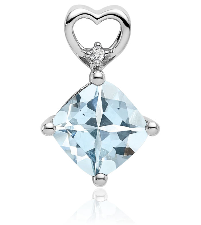 14K Solid White Gold Blue Aquamarine Diamond Heart Floating Chain Slide Gemstone Pendant Necklace Charm March Birthstone Jewelry