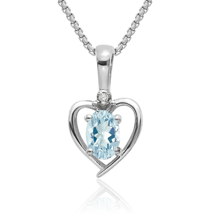 14K Solid White Gold Blue Aquamarine Diamond Heart Necklace Gemstone Pendant Charm March Birthstone Jewelry