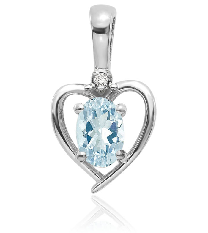 14K Solid White Gold Blue Aquamarine Diamond Heart Necklace Gemstone Pendant Charm March Birthstone Jewelry