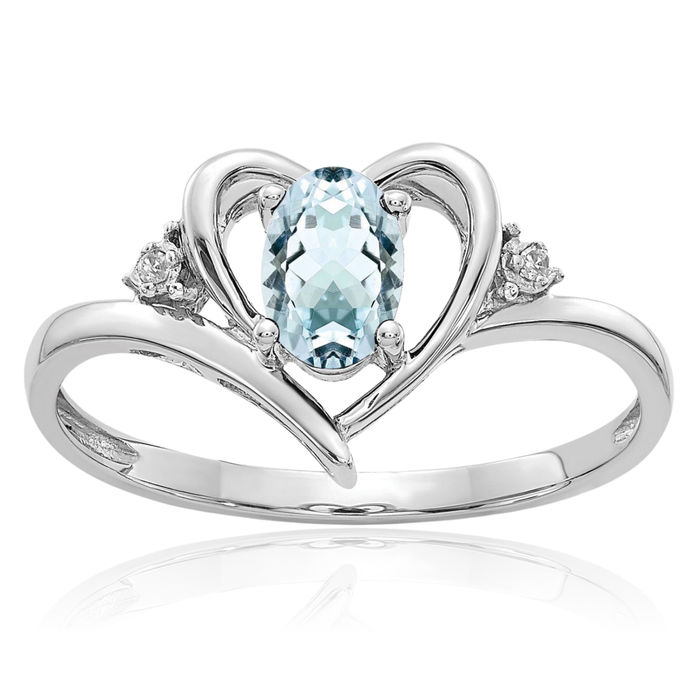 14K Solid White Gold Blue Aquamarine Diamond Heart Ring Love Band March Birthstone Jewelry