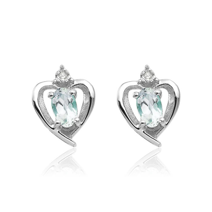 14K Solid White Gold Blue Aquamarine Diamond Heart Stud Earrings March Birthstone Jewelry