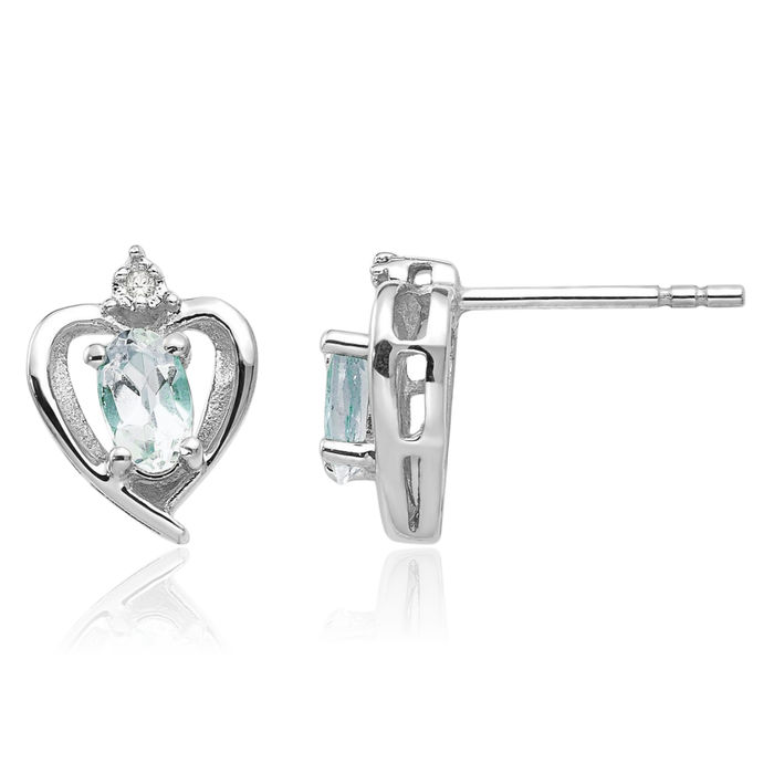 14K Solid White Gold Blue Aquamarine Diamond Heart Stud Earrings March Birthstone Jewelry