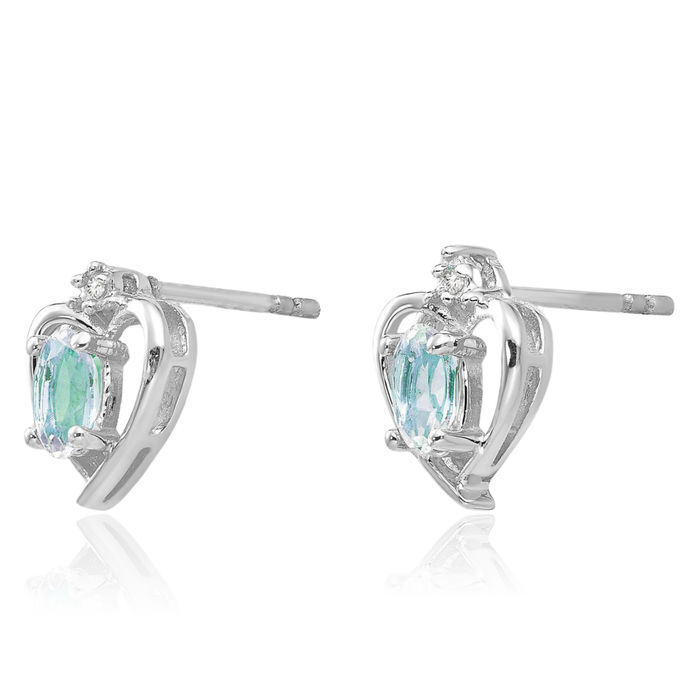 14K Solid White Gold Blue Aquamarine Diamond Heart Stud Earrings March Birthstone Jewelry