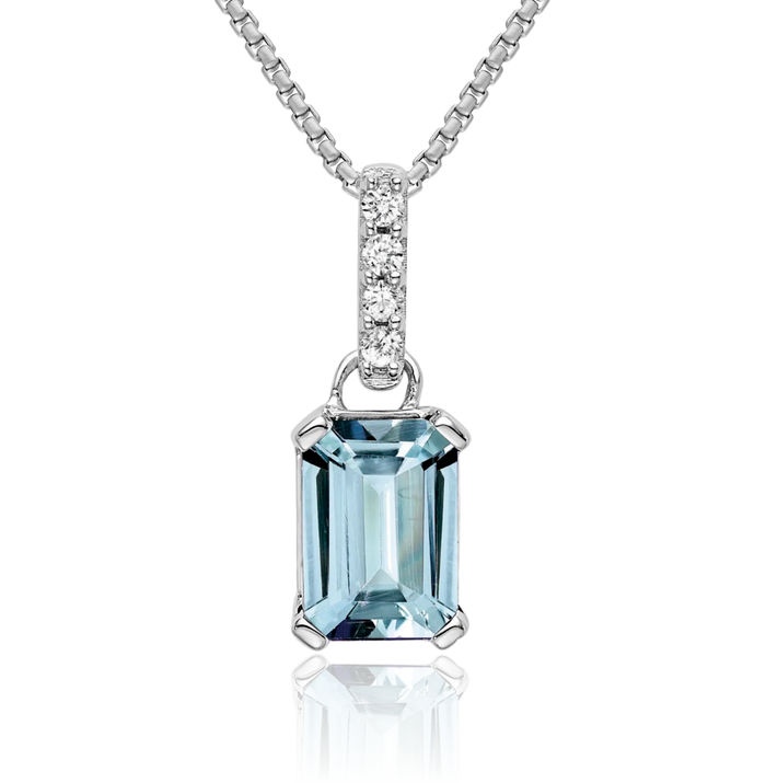 14K Solid White Gold Blue Aquamarine Diamond Necklace Gemstone Pendant Charm March Birthstone Jewelry