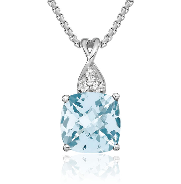 14K Solid White Gold Blue Aquamarine Diamond Necklace Gemstone Pendant Charm March Birthstone Jewelry