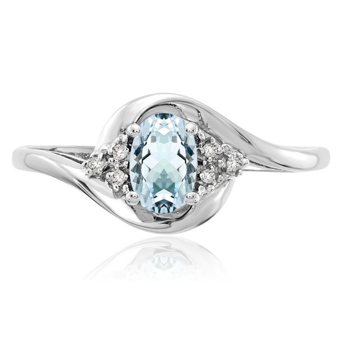 14K Solid White Gold Blue Aquamarine Diamond Ring March Birthstone Jewelry