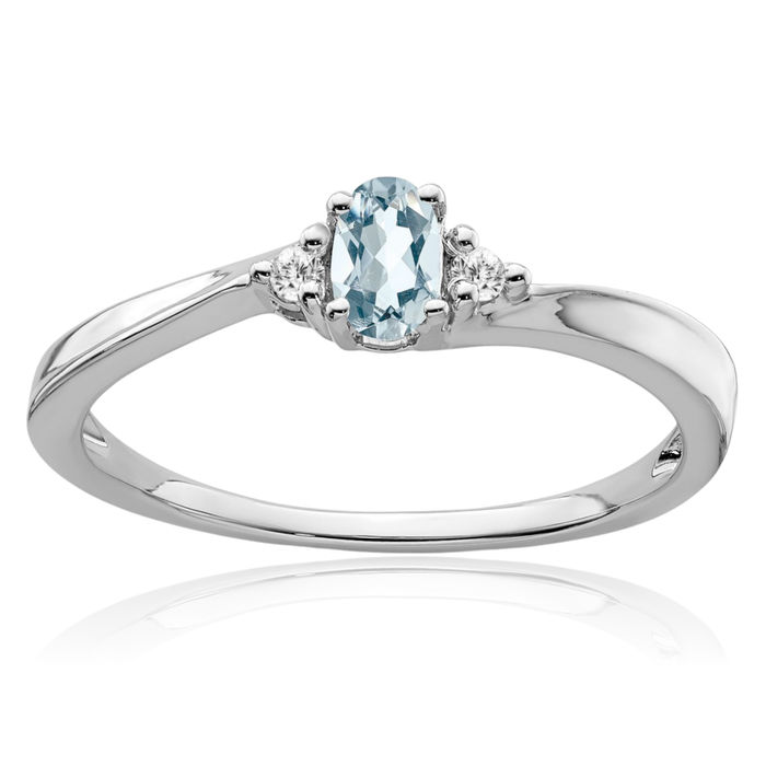 14K Solid White Gold Blue Aquamarine Diamond Ring Gemstone Band March Birthstone Jewelry