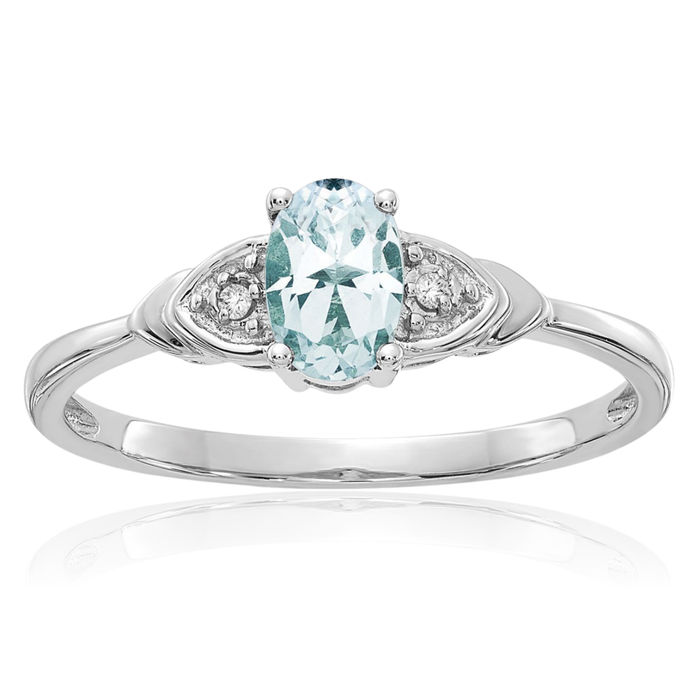 14K Solid White Gold Blue Aquamarine Diamond Ring March Birthstone Jewelry