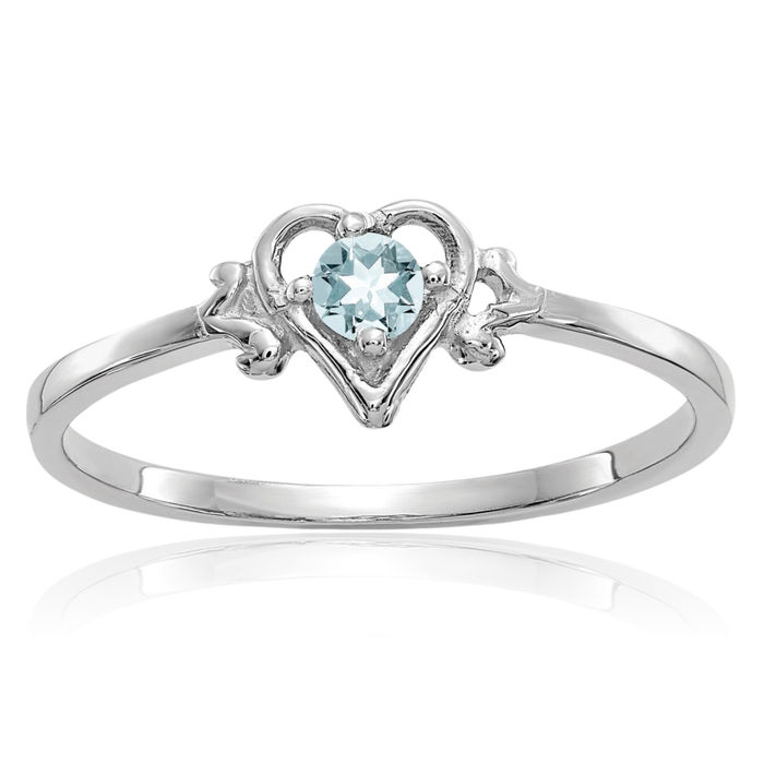 14K Solid White Gold Blue Aquamarine Heart Ring Love Band March Birthstone Jewelry