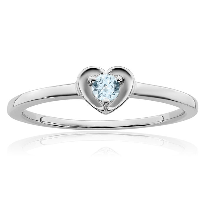 14K Solid White Gold Blue Aquamarine Heart Ring Love Band March Birthstone Jewelry