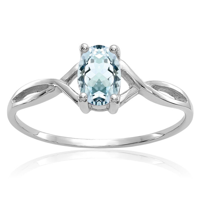 14K Solid White Gold Blue Aquamarine Ring March Birthstone Jewelry