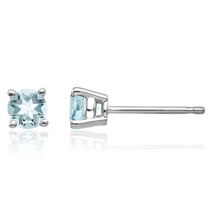 14K Solid White Gold Blue Aquamarine Studs Gemstone Solitaire Earrings March Birthstone Jewelry